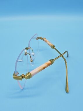 Rimless Clear Lens Glasses with Gold & Marble Temples